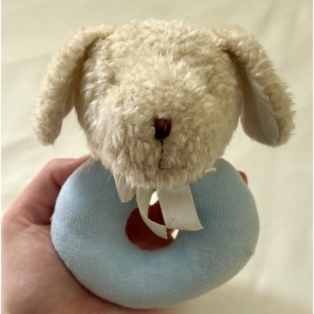 Carters Just One Year Stuffed Plush Puppy Dog Baby Ring Rattle Toy Blue Vintage